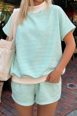 Green Stripe Cuffed Sleeve Contrast Mock Neck Tee Casual 2pcs Short Set LC629174-P919