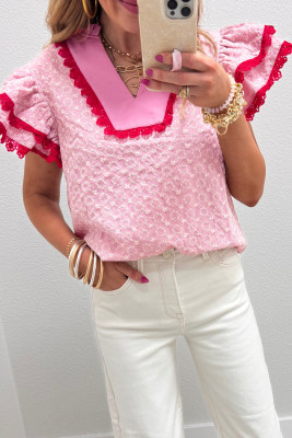 Pink Eyelet Embroidered Flower Texture Contrast Lace Trim Flutter Sleeve Blouse SP25135548-P10