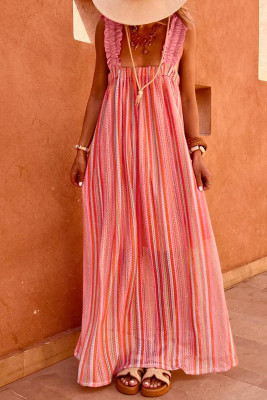 Pink Stripe Ruffled Straps Ribbon Knot Flowy Vacation Maxi Dress LC6128192-P1019