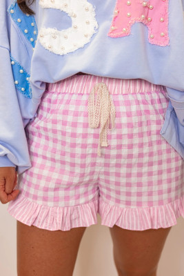 Pink Gingham Print Ruffled Shorts LC7311454-P1020