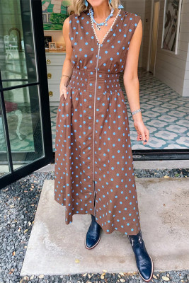 Brown Polka Dot Print Contrast Trim V Neck Zip Up Sleeveless Dress LC6128336-P1720