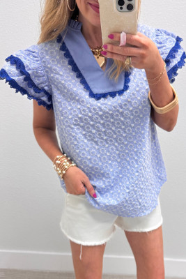 Beau Blue Eyelet Embroidered Flower Texture Contrast Lace Trim Flutter Sleeve Blouse LC25135548-P804