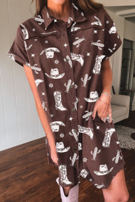 Brown Cowgirl Hats Boots Cactus Print Raw Edge Button Down Short Denim Dress LC7861221-P1720