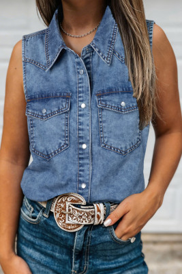 Dusk Blue Buttoned Front Collared Sleeveless Denim Vest LC7821648-P704