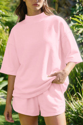 Light Pink Solid Color Exposed Seam Mock Neck Oversize Tee Casual Shorts 2pcs Outfit LC629151-P1010