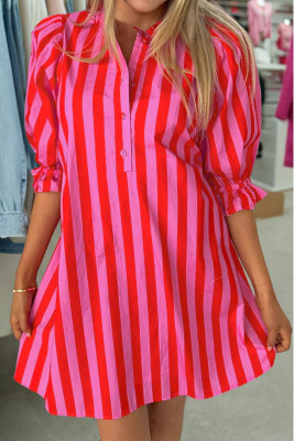Red Stripe Half Button Puff Sleeve Loose Mini Dress LC6128820-P319