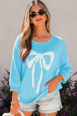Light Blue Big Ribbon Bow Print Contrast Stitch Trim Drop Shoulder Sweater LC2728024-P4