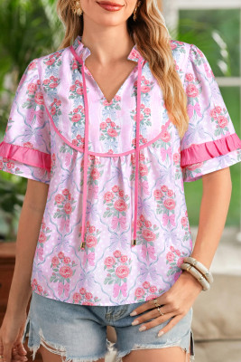 Purple Coquette Floral Bow Printed Contrast Ruffled Short Sleeve Blouse LC25136343-P820