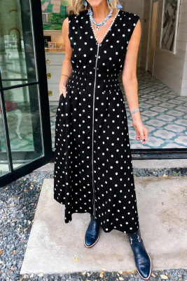 Black Polka Dot Print Contrast Trim V Neck Zip Up Sleeveless Dress LC6128336-P220