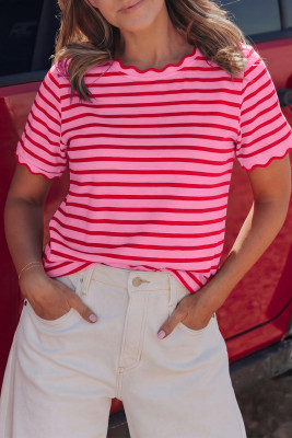 Pink Stripe Scalloped Trim Round Neck T Shirt LC25230310-P1019