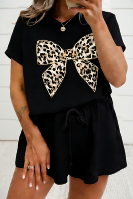 Black Contrast Leopard Bow Patched V Neck Loose Tee Drawstring Shorts 2pcs Outfit LC629073-P2