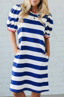Blue Stripe Contrast Trim Round Neck Short Puff Sleeve Shift Mini Dress LC6128410-P519