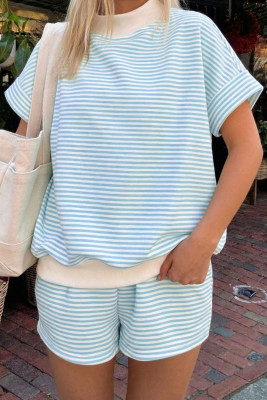 Sky Blue Stripe Cuffed Sleeve Contrast Mock Neck Tee Casual 2pcs Short Set LC629174-P419