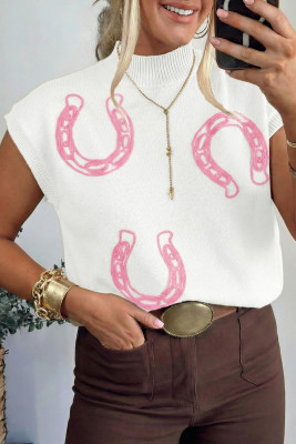 White Corded Horseshoes Ribbed Trim Mock Neck Short Sleeve Sweater LC2771296-P1