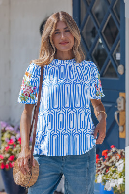 Sky Blue Unique Geometry Print Floral Embroidered Puff Sleeve Blouse LC25136437-P420