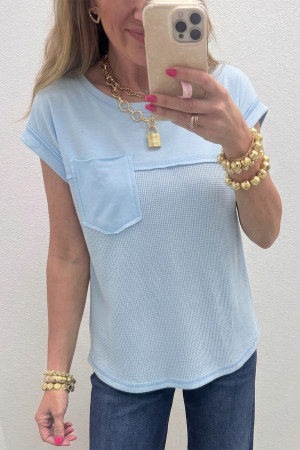 Light Blue Solid Color Raw Seam Waffled Patchwork Casual T Shirt LC25613830-P4