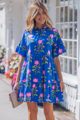 Blue V Neck Short Sleeve Loose Flower Dress LC6128243-P520