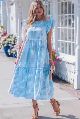 Sky Blue Knot Back Ruffled Short Sleeve Gingham Maxi Dress LC6128564-P420