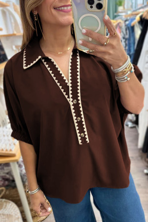 Coffee Shirt Collar Contrast Trim Button V Neck Short Sleeve Blouse LC25135431-P1017