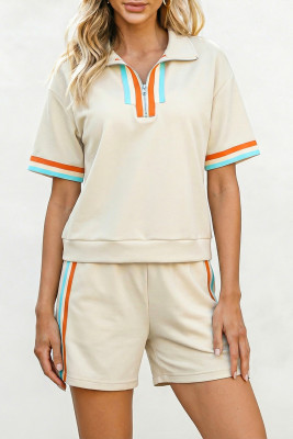 Apricot Colorful Striped Detail Half Zip Polo Tee Loose Shorts Set LC629020-P18