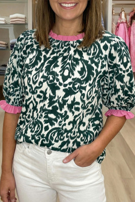 Green Damask Print Ruffled Color Block Detail Half Sleeve Blouse LC25136022-P920