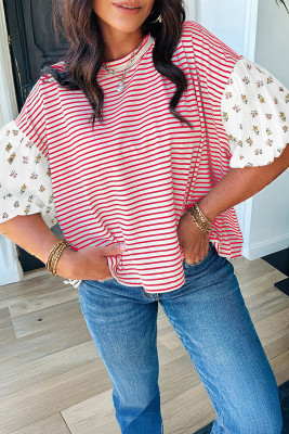 Red Stripe Floral Puff Sleeve Patchwork Round Neck Loose Top LC25135499-P319