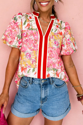 Pink Contrast Collared V Neck Short Sleeve Floral Blouse LC25136563-P1020