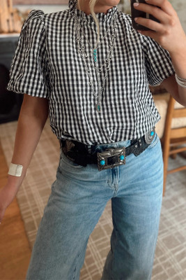 Black Plaid Short Puff Sleeve Frilled Neck Blouse LC25137703-P222