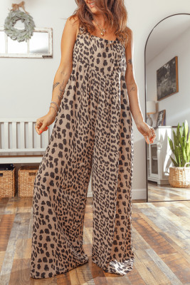 Khaki Leopard Print Square Neck Pleated Wide Leg Jumpsuit LC6414794-P1620