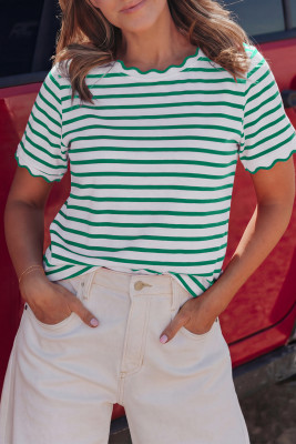 Green Stripe Scalloped Trim Round Neck T Shirt LC25230310-P10919