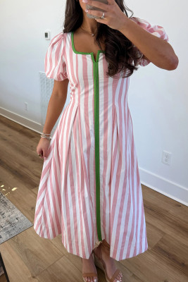 Pink Stripe Striped Short Sleeve High Waist Colorblock Midi Dress LC6129506-P1019