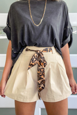 Oatmeal Leopard Contrast Sash Belt Pleated Wide Leg Shorts LC7311441-P1015