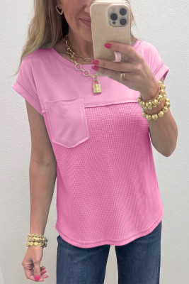 Pink Solid Color Raw Seam Waffled Patchwork Casual T Shirt LC25613830-P10