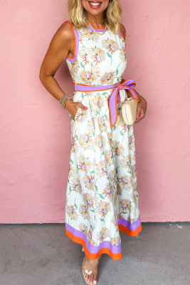 White Floral Print Color Block Trim Belted Sleeveless Maxi Dress LC6128139-P120