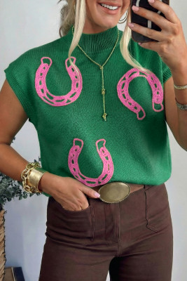 Bright Green Corded Horseshoes Ribbed Trim Mock Neck Short Sleeve Sweater LC2771296-P109