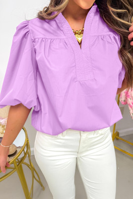 Phalaenopsis Stitched Detail V Neck Puffy Half Sleeve Blouse LC25136848-P608