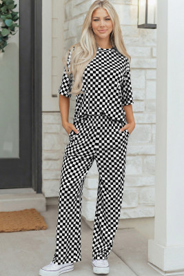 Black Checkered Print Half Sleeve Tee 2pcs Lounge Pant Set LC151960-P220