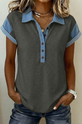 Carbon Grey Denim Color Block Patchwork Shirt Collar Short Sleeve Blouse LC25136323-P4011