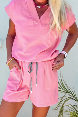 Sachet Pink V Neck Short Sleeve Top Drawstring Shorts 2pcs Set LC629178-P406
