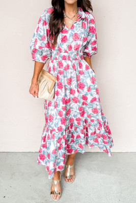 Red Elegant Floral Puff Sleeve Midi Dress LC6128003-P10320