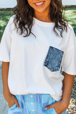 White Color Block Chest Pocket Patched Casual Short Sleeve Top LC25136760-P1