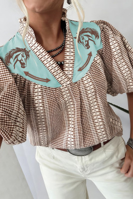 Brown Western Pony Embroidered Yoke Puff Sleeve Gingham Blouse LC25136729-P1722