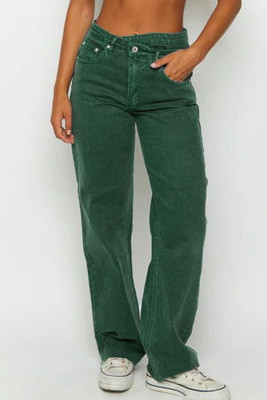 Green Crossed Waist Raw Hem Shift Jeans LC7874043-9