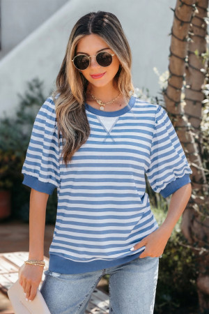 Sky Blue Stripe Short Bubble Sleeve T Shirt LC25230606-P419