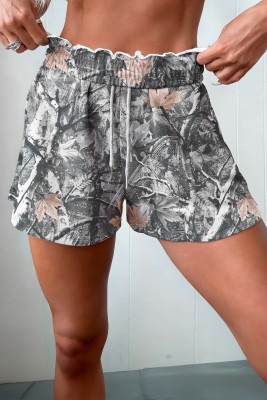 Gray Abstract Maple Leaf Printed Tie Elastic Waist Shorts LC7311449-P1120