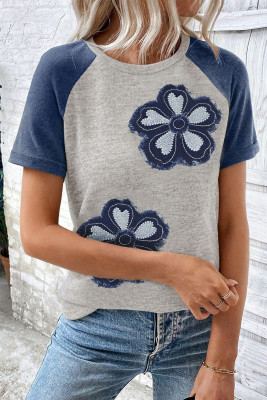 Dark Blue Floral Patchwork Colorblock Raglan Sleeve T Shirt LC25230886-P522