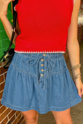 Sky Blue Half Buttons Pleated High Waist Denim Mini Skirt with Drawstring LC7811313-P304