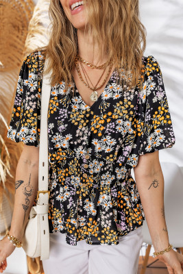 Black Floral Print V Neck Smocked Babydoll Blouse LC25129300-P220