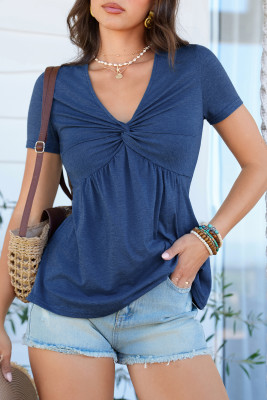 Sail Blue Twist Knot V Neck Short Sleeve Blouse LC25133480-P905