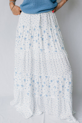 Sky Blue High Waist Tiny Floral Print Boho Maxi Skirt LC7211577-P420
